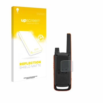 Vorderseite einer Produktverpackung mit dem Markenlogo upscreen. Daneben ist das Gerät Motorola Talkabout T82 mit dem zugehöri