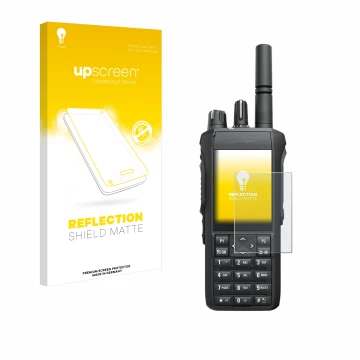 Vorderseite einer Produktverpackung mit dem Markenlogo upscreen. Daneben ist das Gerät Motorola Mototrbo R7 mit dem zugehörige