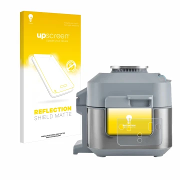 Vorderseite einer Produktverpackung mit dem Markenlogo upscreen. Daneben ist das Gerät Ninja Speedi Rapid Cooking System mit d