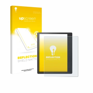 Vorderseite einer Produktverpackung mit dem Markenlogo upscreen. Daneben ist das Gerät Kobo Elipsa 2E mit dem zugehörigen Disp