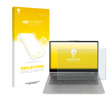 Vorderseite einer Produktverpackung mit dem Markenlogo upscreen. Daneben ist das Gerät Lenovo ThinkBook 14s Yoga G3 mit dem zu