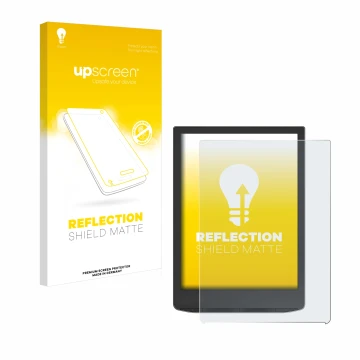 Vorderseite einer Produktverpackung mit dem Markenlogo upscreen. Daneben ist das Gerät PocketBook InkPad 4 mit dem zugehörigen