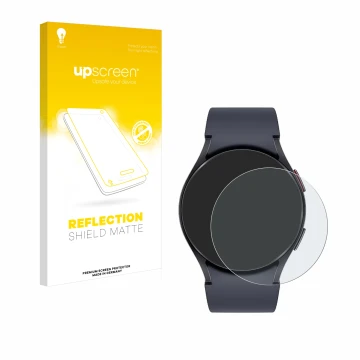 Vorderseite einer Produktverpackung mit dem Markenlogo upscreen. Daneben ist das Gerät Samsung Galaxy Watch 6 (40 mm) mit dem 