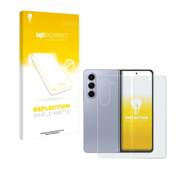 Vorderseite einer Produktverpackung mit dem Markenlogo upscreen. Daneben ist das Gerät Samsung Galaxy Z Fold 5 (Display+Rückse