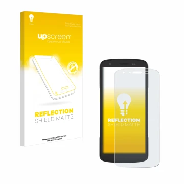 Vorderseite einer Produktverpackung mit dem Markenlogo upscreen. Daneben ist das Gerät Zebra TC27 mit dem zugehörigen Displays