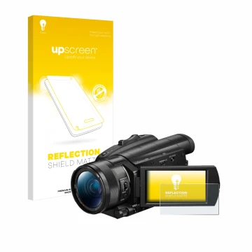 Vorderseite einer Produktverpackung mit dem Markenlogo upscreen. Daneben ist das Gerät Sony FDR-AX700 mit dem zugehörigen Disp