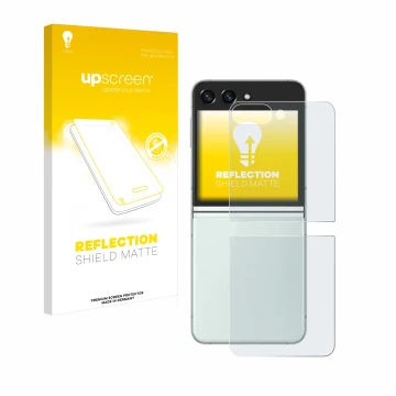 Vorderseite einer Produktverpackung mit dem Markenlogo upscreen. Daneben ist das Gerät Samsung Galaxy Z Flip 5 (Rückseite) mit