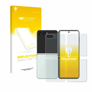 Vorderseite einer Produktverpackung mit dem Markenlogo upscreen. Daneben ist das Gerät Samsung Galaxy Z Flip 5 (Display+Rückse