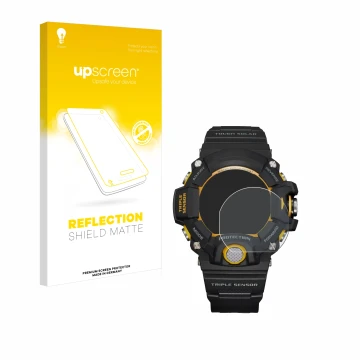 Vorderseite einer Produktverpackung mit dem Markenlogo upscreen. Daneben ist das Gerät Casio G-Shock GW-9400Y-1 mit dem zugehö