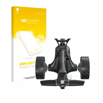 Vorderseite einer Produktverpackung mit dem Markenlogo upscreen. Daneben ist das Gerät Motocaddy M7 GPS Electric Trolley mit d