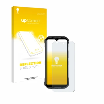 Vorderseite einer Produktverpackung mit dem Markenlogo upscreen. Daneben ist das Gerät Doogee S110 mit dem zugehörigen Display