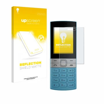 Vorderseite einer Produktverpackung mit dem Markenlogo upscreen. Daneben ist das Gerät Nokia 150 (2023) mit dem zugehörigen Di