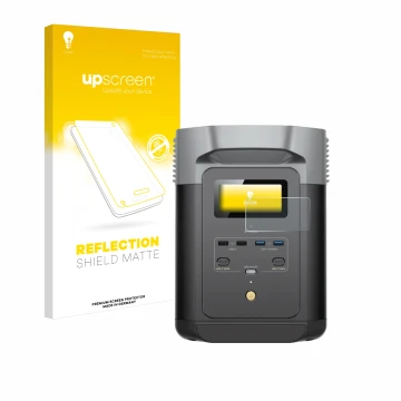 Vorderseite einer Produktverpackung mit dem Markenlogo upscreen. Daneben ist das Gerät EcoFlow DELTA 2 mit dem zugehörigen Dis