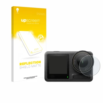 Vorderseite einer Produktverpackung mit dem Markenlogo upscreen. Daneben ist das Gerät DJI Osmo Action 4 (Linse) mit dem zugeh