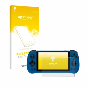 Vorderseite einer Produktverpackung mit dem Markenlogo upscreen. Daneben ist das Gerät Powkiddy X55 mit dem zugehörigen Displa