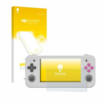 Vorderseite einer Produktverpackung mit dem Markenlogo upscreen. Daneben ist das Gerät Anbernic RG505 mit dem zugehörigen Disp