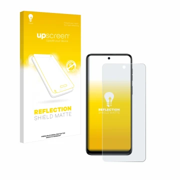 Vorderseite einer Produktverpackung mit dem Markenlogo upscreen. Daneben ist das Gerät Motorola Moto G54 mit dem zugehörigen D