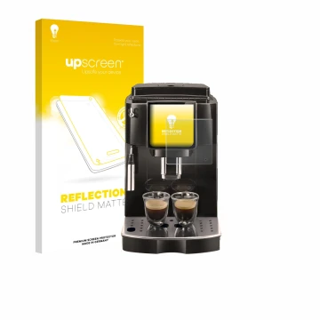 Vorderseite einer Produktverpackung mit dem Markenlogo upscreen. Daneben ist das Gerät DeLonghi Magnifica Start ECAM222.60 mit