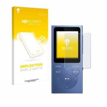 Vorderseite einer Produktverpackung mit dem Markenlogo upscreen. Daneben ist das Gerät Sony Walkman NW-E394 mit dem zugehörige