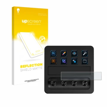 Vorderseite einer Produktverpackung mit dem Markenlogo upscreen. Daneben ist das Gerät Elgato Stream Deck + mit dem zugehörige