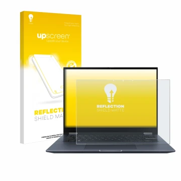 Vorderseite einer Produktverpackung mit dem Markenlogo upscreen. Daneben ist das Gerät ASUS Vivobook S 14 Flip TP3402 mit dem 