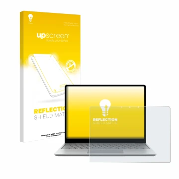 Vorderseite einer Produktverpackung mit dem Markenlogo upscreen. Daneben ist das Gerät Microsoft Surface Laptop Go 3 Business 