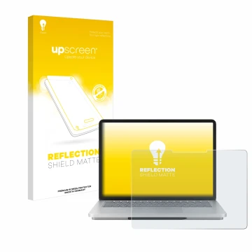 Vorderseite einer Produktverpackung mit dem Markenlogo upscreen. Daneben ist das Gerät Microsoft Surface Laptop Studio 2 mit d