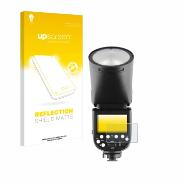 Vorderseite einer Produktverpackung mit dem Markenlogo upscreen. Daneben ist das Gerät Godox V1 mit dem zugehörigen Displaysch