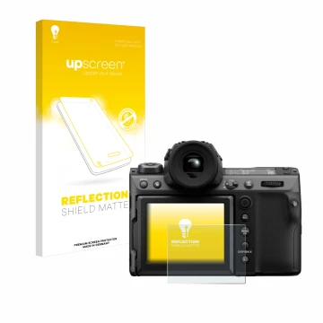 Vorderseite einer Produktverpackung mit dem Markenlogo upscreen. Daneben ist das Gerät Fujifilm GFX100 II mit dem zugehörigen 