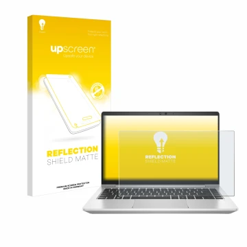 Vorderseite einer Produktverpackung mit dem Markenlogo upscreen. Daneben ist das Gerät HP EliteBook 645 G10 mit dem zugehörige