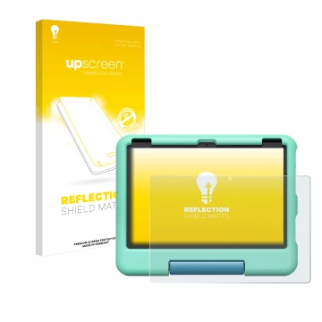 Vorderseite einer Produktverpackung mit dem Markenlogo upscreen. Daneben ist das Gerät Amazon Fire HD 10 Kids 2023 mit dem zug