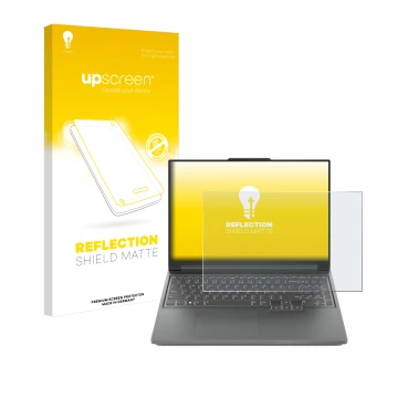 Vorderseite einer Produktverpackung mit dem Markenlogo upscreen. Daneben ist das Gerät Lenovo Legion Slim 5 14 mit dem zugehör