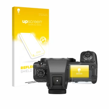 Vorderseite einer Produktverpackung mit dem Markenlogo upscreen. Daneben ist das Gerät Fujifilm GFX100 II (Schulterdisplay) mi
