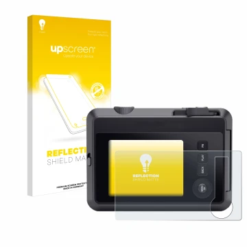 Vorderseite einer Produktverpackung mit dem Markenlogo upscreen. Daneben ist das Gerät Leica SOFORT 2 mit dem zugehörigen Disp