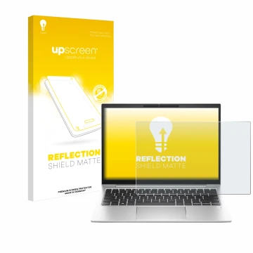 Vorderseite einer Produktverpackung mit dem Markenlogo upscreen. Daneben ist das Gerät HP EliteBook 830 G10 Laptop-PC mit dem 