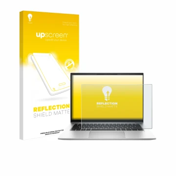 Vorderseite einer Produktverpackung mit dem Markenlogo upscreen. Daneben ist das Gerät HP EliteBook 845 G10 mit dem zugehörige
