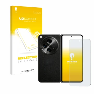 Vorderseite einer Produktverpackung mit dem Markenlogo upscreen. Daneben ist das Gerät OnePlus Open mit dem zugehörigen Displa