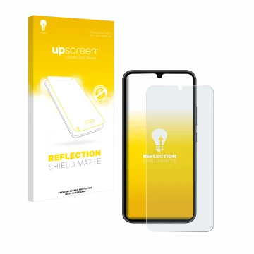 Vorderseite einer Produktverpackung mit dem Markenlogo upscreen. Daneben ist das Gerät Samsung Galaxy A34 5G Enterprise Editio