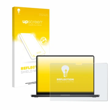 Vorderseite einer Produktverpackung mit dem Markenlogo upscreen. Daneben ist das Gerät Apple MacBook Pro 16