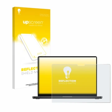 Vorderseite einer Produktverpackung mit dem Markenlogo upscreen. Daneben ist das Gerät Apple MacBook Pro 14