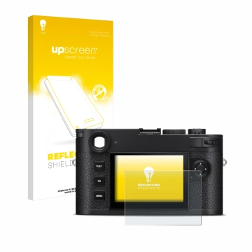 Vorderseite einer Produktverpackung mit dem Markenlogo upscreen. Daneben ist das Gerät Leica M11-P mit dem zugehörigen Display