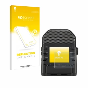 Vorderseite einer Produktverpackung mit dem Markenlogo upscreen. Daneben ist das Gerät Zoom Q2n-4K mit dem zugehörigen Display