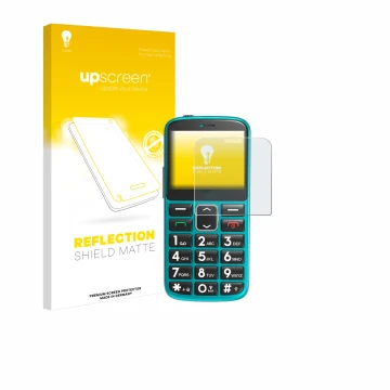 Vorderseite einer Produktverpackung mit dem Markenlogo upscreen. Daneben ist das Gerät Uleway Seniorenhandy mit dem zugehörige