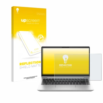 Vorderseite einer Produktverpackung mit dem Markenlogo upscreen. Daneben ist das Gerät HP ProBook 445 G10 mit dem zugehörigen 