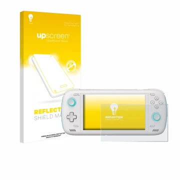 Vorderseite einer Produktverpackung mit dem Markenlogo upscreen. Daneben ist das Gerät AYN Odin 2 mit dem zugehörigen Displays