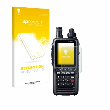 Vorderseite einer Produktverpackung mit dem Markenlogo upscreen. Daneben ist das Gerät Yaesu FTA-850L mit dem zugehörigen Disp