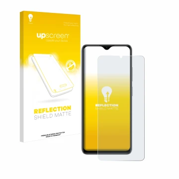 Vorderseite einer Produktverpackung mit dem Markenlogo upscreen. Daneben ist das Gerät ZTE Blade A73 mit dem zugehörigen Displ