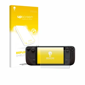 Vorderseite einer Produktverpackung mit dem Markenlogo upscreen. Daneben ist das Gerät Valve Steam Deck OLED mit dem zugehörig