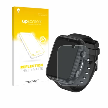 Vorderseite einer Produktverpackung mit dem Markenlogo upscreen. Daneben ist das Gerät Okyuk 4G Kids Smartwatch T45 mit dem zu