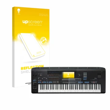 Vorderseite einer Produktverpackung mit dem Markenlogo upscreen. Daneben ist das Gerät Yamaha Genos2 mit dem zugehörigen Displ